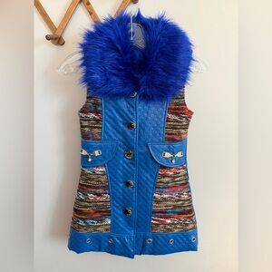 Vintage Cobalt Blue Quilted Faux Leather Fur Knit Vest XS maximalist